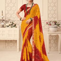Satrani Yellow & Red Bandhani Print Saree With Unstitched Blouse-image-85