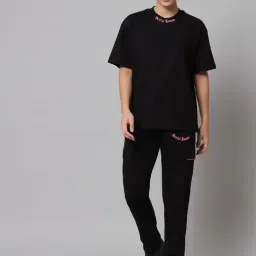 GRIFFEL Black Cotton Regular Fit Printed T-Shirt With Trackpants-image-73