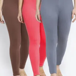 Gracit Grey & Peach Mid Rise Leggings - Pack Of 3-image-94