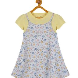 Plum Tree Kids Grey &yellow Floral Print T-Shirt with Pinafore Dress-image-97