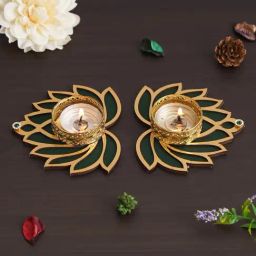eCraftIndia Green & Gold Aluminium Lotus Design Tea Light Candle Holders - Set of 2-3