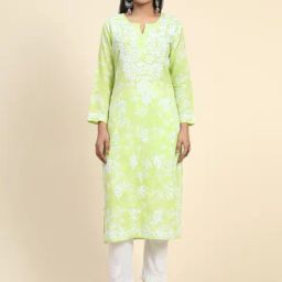 House Of Kari Noor Printed Emb Kurta in Mul-Yellow Green-picture-28