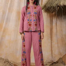 Nyaro Floral Embroidered Pure Cotton Mandarin Collar Neck Top With Trousers-picture-39