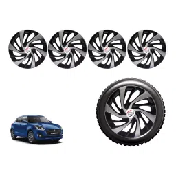Auto Pearl SilBlk43_R Press Type Car Wheel Cover with Retention Ring 35.56 cm (14 Inch) Glossy Silver, Black for Maruti New Swift (Set of 4)-image-48