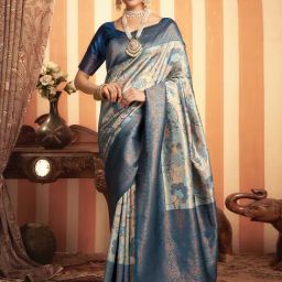 Satrani Blue Silk Blend Woven Saree With Unstitched Blouse-image-16