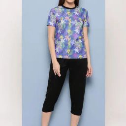 Aarika Blue Floral Print T-Shirt Capri Set-image-63