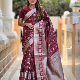 Parampara Ethnic Checked Woven Design Zari Pure Silk Banarasi Saree-picture-5