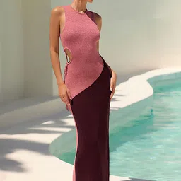 JC Mode Colourblocked Round Neck Tie-Up Maxi Cover Up Top-image-21
