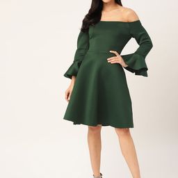 DODO & MOA Women Teal Green Solid Off-Shoulder Fit and Flare Dress With Bell Sleeves-59