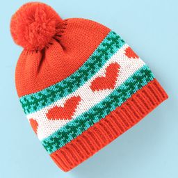 Babyhug Heart Printed Woollen Cap with Pom Pom - Orange-picture-14