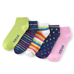 Pine Kids Cotton Spandex Knit Low Ankle Socks Stripes & Polka Dot Design Pack Of 5 - Green Blue & White-image-24