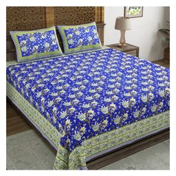 BLOCKS OF INDIA Hand Block Printed Cotton Super King Size Bedsheet blue flower-17