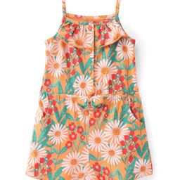 Babyhug Single Jersey Knit Singlet Sleeves Floral Print Jumpsuit with Bow Applique - Orange-image-27