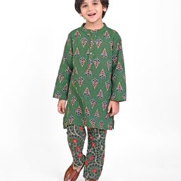 Babyhug Cambric Full Sleeves Floral Embroidered Kurta & Pyjama Set - Olive Green-image-85