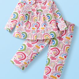 Babyhug Cotton Knit Full Sleeves Peter Pan Collared Night Suit With Rainbow ThemePrint - Pink & White-image-31