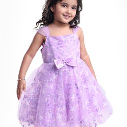 Babyhug Woven Sleeveless Fit & Flare Party Frock With Glitter Floral Detailing & Bow Applique - Lilac-image-100