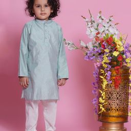 Little Bansi Full Sleeves Floral Foil Printed Kurta With Solid Pyjama - Dolphin Blue-image-78