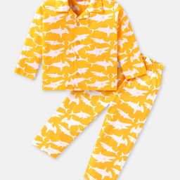 Babyhug Cotton Knit Full Sleeves Night Suit With Shark Print - Yellow-image-77