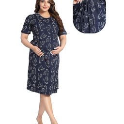 Fabme Pure Cotton Half Sleeves Unicorns Printed Nighty With Concealed Zipper Nursing Access  - Navy Blue-image-73
