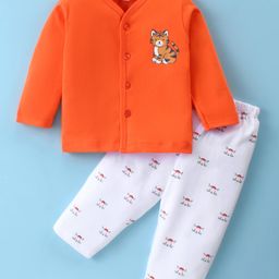Tango Interlock Knit Full Sleeves Front Open Night Suit with Kitty Print - Orange-8