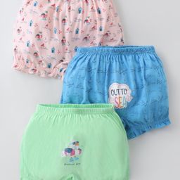 Revvo Junior Single Jersey Knit Bloomers with Birds & Boat Print Pack of 3 -Peach Pista & Blue-picture-15