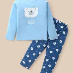 Teddy Sinker Knit Full Sleeves Night Suit With Bear Print - Blue-image-76