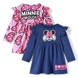 Babyhug Disney Single Jersey Knit Full Sleeves Frocks With Minnie Mouse Graphics & Frill Detailing Pack of 2 - Pink & Navy Blue-image-81