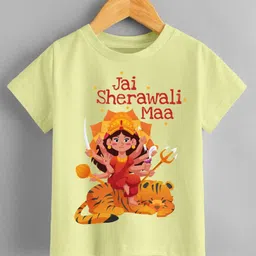 KNITROOT Navratri Theme Half Sleeves Jai Sherawali Maa Text Printed Tshirt - Yellow-picture-24