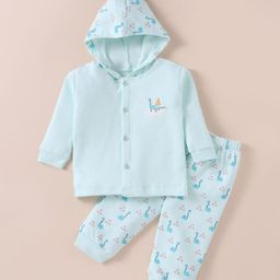 Tango Fleece Knit Full Sleeves Hooded Front Open Winter Wear Night Suit With Dino Print - Light Blue-image-61
