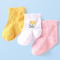 Cute Walk by Babyhug Ankle Length Antibacterial Socks with Floral Design Pack Of 3 - Yellow Pink & White-image-95