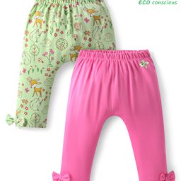 Babyoye 100% Cotton Knit With Eco Jiva Finish Full Length Diaper Leggings With Floral & Animal Print & Bow Applique Pack of 2 - Dark Pink & Lime Green-image-90