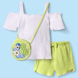 Babyhug Single Jersey Knit Half Cold Shoulder Sleeves Solid Color Textured Top & Shorts Set with Sling Bag & Bow Applique - White & Neon Green-picture-17