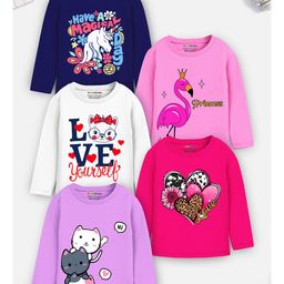 Trampoline Cotton Blend Pack Of 5 Full Sleeves Cats & Typography Printed Tees - Multi Colour-image-68