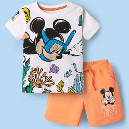 Babyhug Disney Single Jersey Knit Half Sleeves T-Shirt & Shorts Set With Mickey Mouse & Family Graphics - White & Orange-picture-38