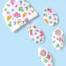 Babyhug 100% Cotton Interlock Knit Cap Mittens & Booties Set With Floral Print White - Diameter 16 cm-7
