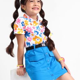 OLLINGTON ST. Cotton Floral Printed Half Sleeves Shirt Top & Skirt Set - Multicolor & Sky Blue-image-99