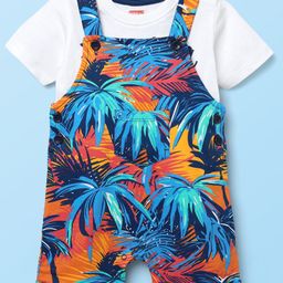 Babyhug Single Jersey Knit Half Sleeves T-Shirt & Dungaree With Tropical Print - White & Navy Blue-image-90