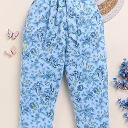 Biskid Pure Cotton Floral & Butterflies Printed Pajama - Blue-image-12