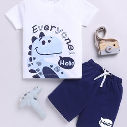 Little Ninja Cotton Half Sleeves Dinosaur Printed Coordinating Tee & Shorts Set - White & Navy Blue-image-10