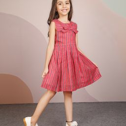 melon Cotton Woven Sleeveless Frock With Stripes & Bow Applique - Coral-image-55