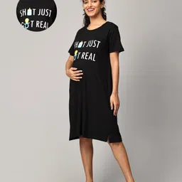 The Mom Store Half Sleeves Shit Just Got Real Text Printed Oversized Maternity Dress - Black-picture-45
