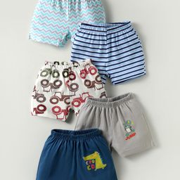 OHMS Single Jersey Knit Above Knee Length Shorts with Stripe Design Vehicle & Animal Print Pack of 5 - Multicolor-picture-24