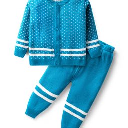 Babyhug Knitted Full Sleeves Front Open Sweater Set with Polka Dot Design - Blue-image-60