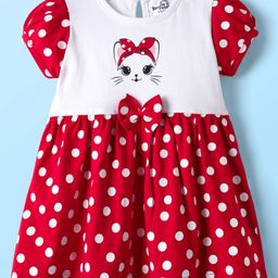Doodle Poodle Single Jersey Knit Half Sleeves Frock With Polka Dots & Bow Applique - Red & White-image-69