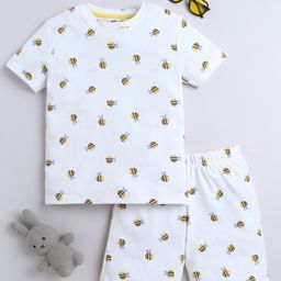 BABY NATION Cotton Half Sleeves Bees Printed Tee With Coordinating Shorts Set - White-image-44