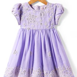 Babyhug Woven Full Length Half Sleeves Ethnic Dress With Floral Embriodery - Lavender-image-89