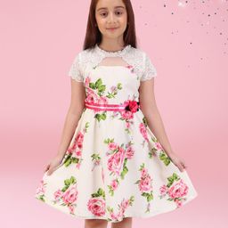 Cutecumber Half Sleeves Floral Printed & Lace Detailed Dress - Cream-picture-33