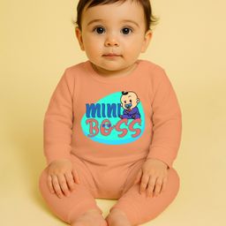 The Peppy Tend 100% Cotton Knit Full Sleeves Mini Boss Text Printed Romper - Peach-image-81