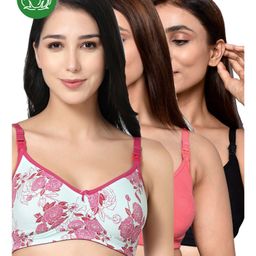 Inner Sense Organic Cotton Knit Pack of 3 Solid & Floral Printed Antimicrobial Maternity Bras With Nursing Access - Multi Colour-picture-31
