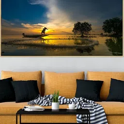 DEKORSTATION Blue & Gold Toned Boat Printed Canvas Wall Art-28
